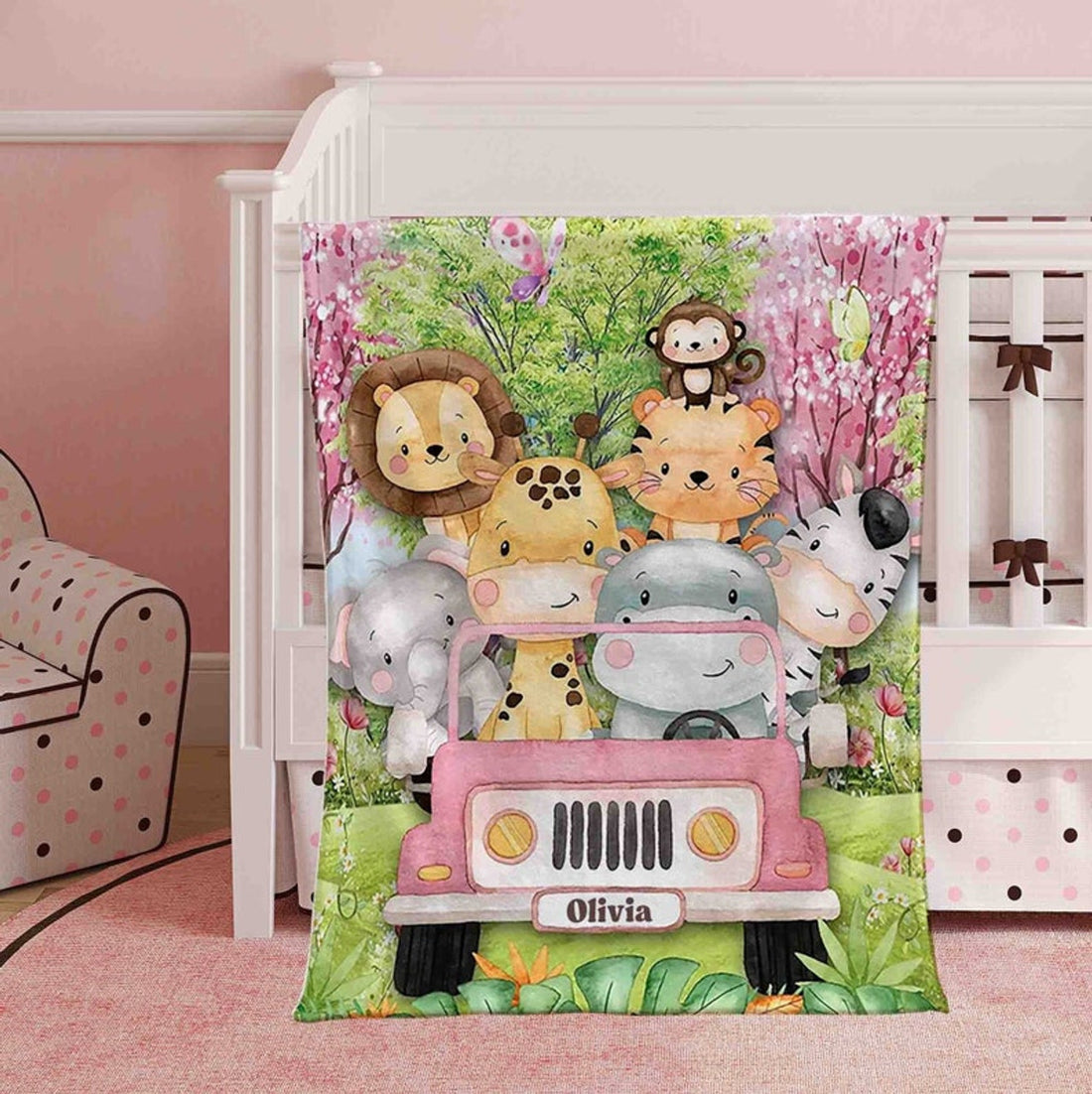 FUNSTUFFPRINT Custom  Safari Animals Nursery Blanket Personalized Baby Blanket Forest Animal Blanket Kids Custom Name Blanket Jungle Baby Shower Gift For Girls