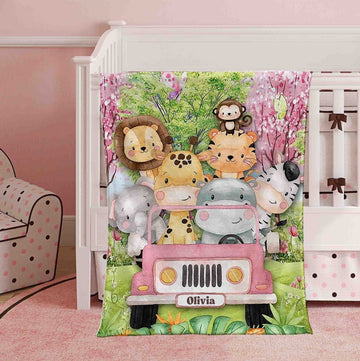 FUNSTUFFPRINT Custom  Safari Animals Nursery Blanket Personalized Baby Blanket Forest Animal Blanket Kids Custom Name Blanket Jungle Baby Shower Gift For Girls
