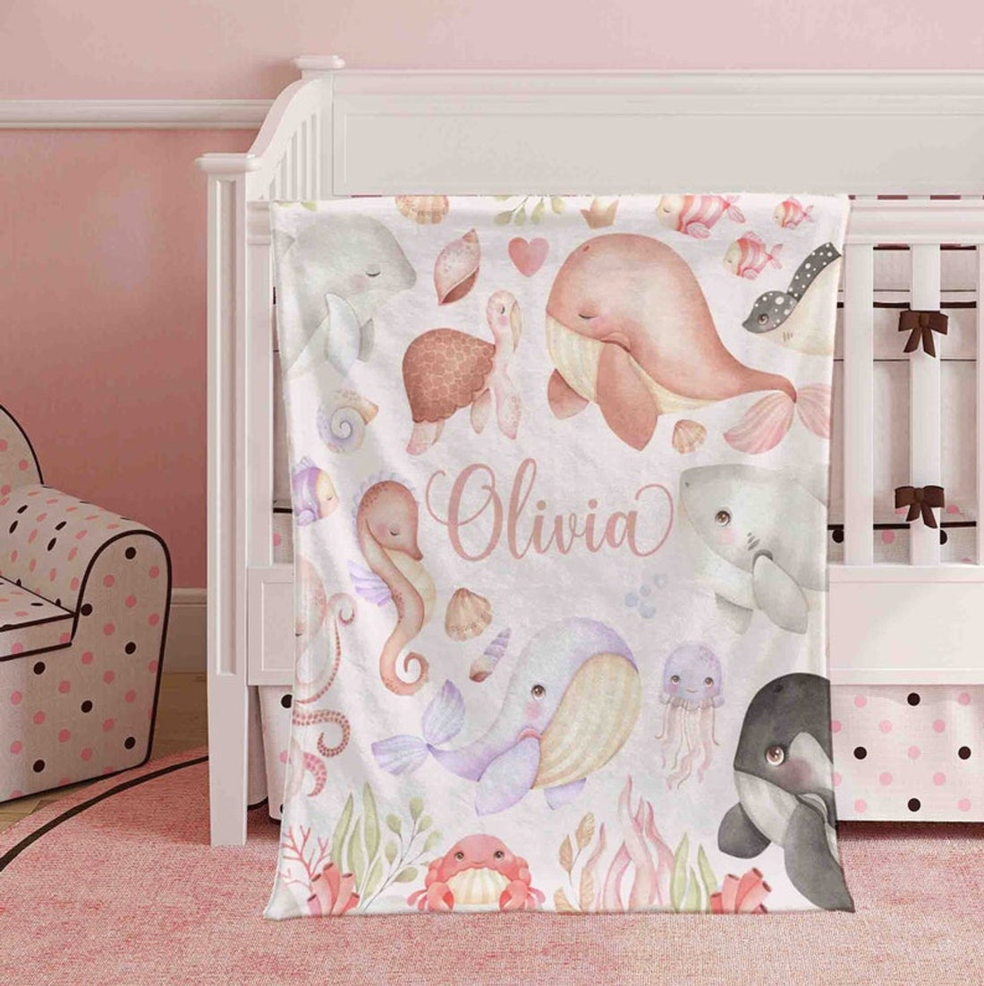 FUNSTUFFPRINT Custom  Sea Animals Nursery Blanket Baby Blanket Ocean Animal Blanket Kids Custom Name Blanket Under The Sea Baby Shower Gift For Girls