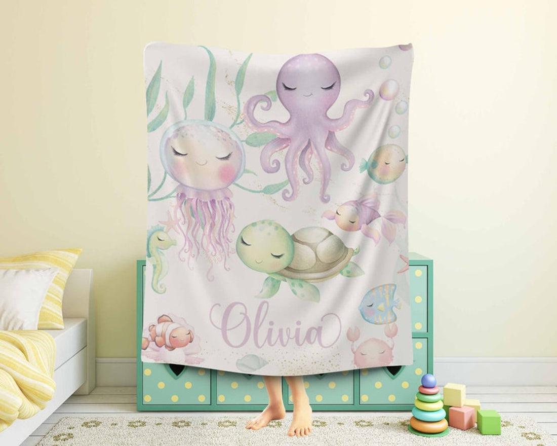 FUNSTUFFPRINT Custom  Sea Animals Nursery Blanket Personalized Baby Blanket Ocean Animal Blanket Kids Custom Name Blanket Under The Sea Baby Shower Gift For Girls