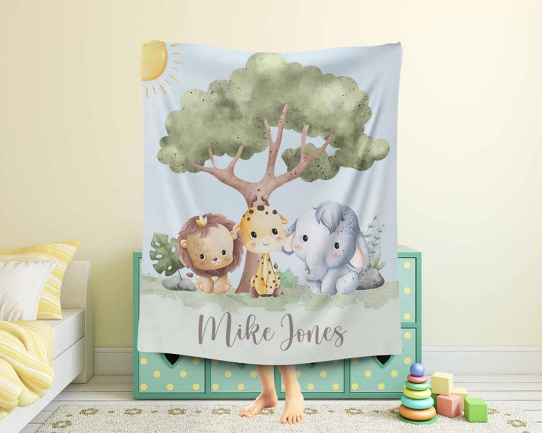 FUNSTUFFPRINT Custom  Safari Animals Nursery Blanket Personalized Baby Blanket Forest Animal Blanket Kids Custom Name Blanket Jungle Baby Shower Gift For Boys