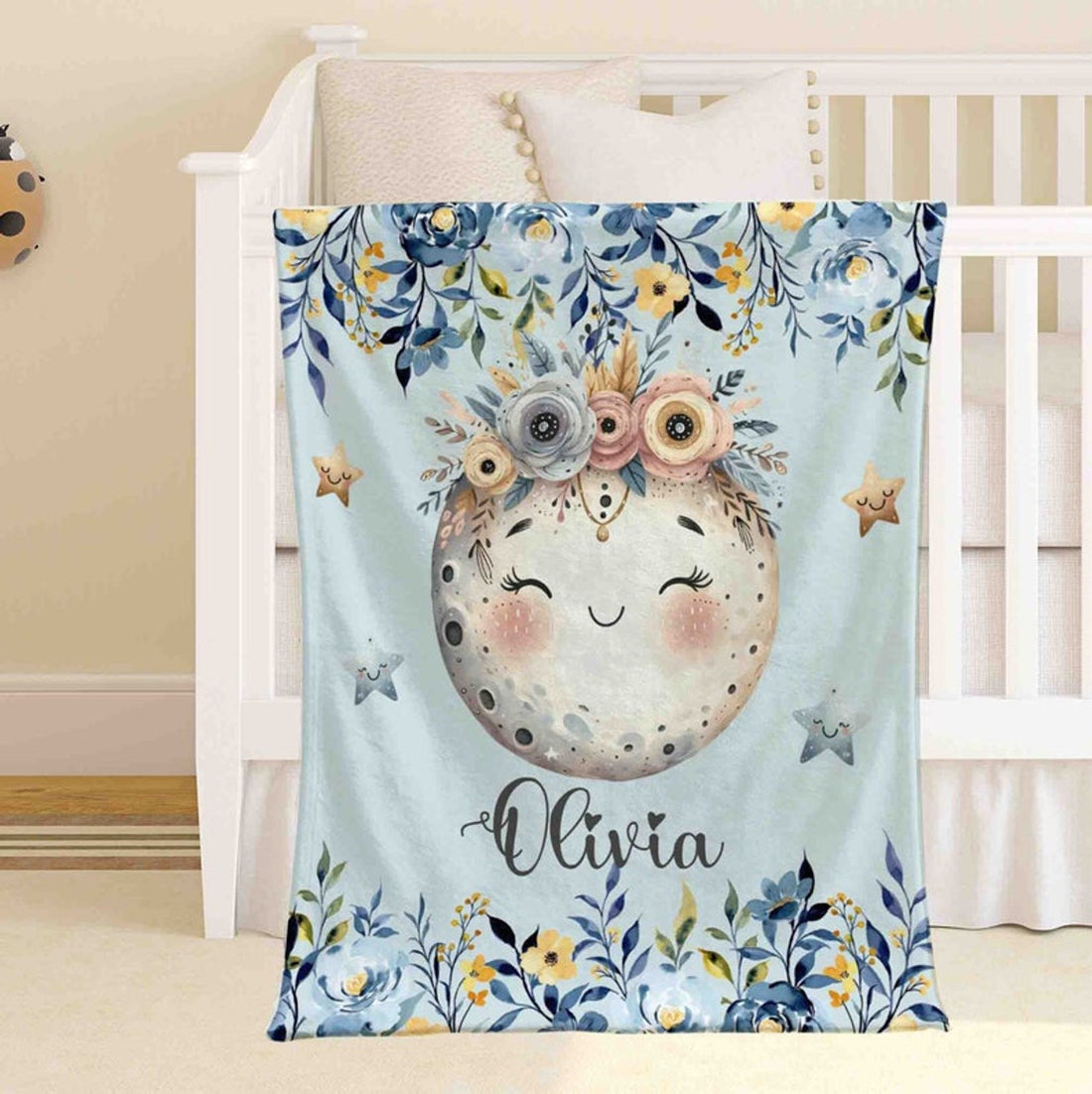 FUNSTUFFPRINT Custom  Floral Moon Blanket Personalized Christmas Nursery Blanket Little Star Kids Custom Name Blanket Spring Floral Baby Shower Gift For Girls