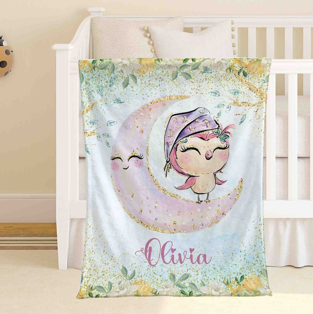 FUNSTUFFPRINT Custom  Little Owl Blanket Personalized Moon Nursery Blanket Animals Kids Custom Name Blanket Spring Floral Baby Shower Gift For Girls Throw