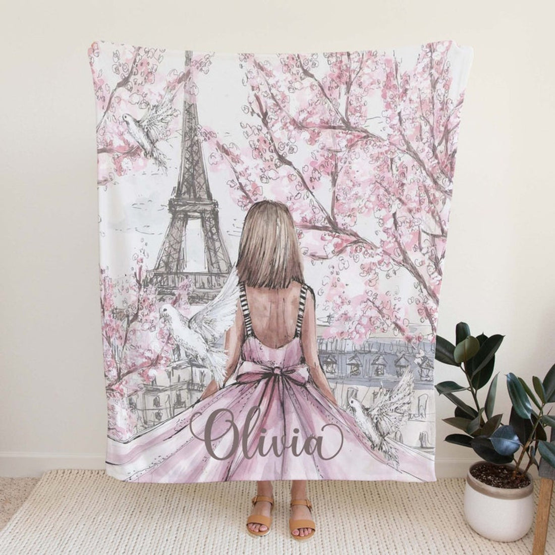 FUNSTUFFPRINT Custom  Cherry Blossom Blanket Personalized Blanket Paris Girl Custom Name Blanket France Travel Blanket Eiffel Tower Gift For Her Valentines Gift
