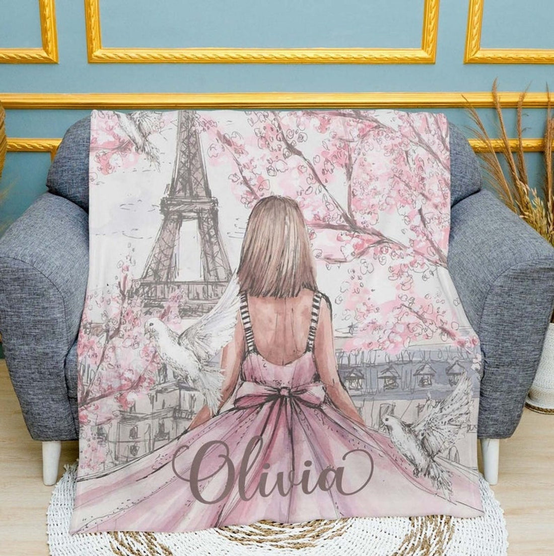 FUNSTUFFPRINT Custom  Cherry Blossom Blanket Personalized Blanket Paris Girl Custom Name Blanket France Travel Blanket Eiffel Tower Gift For Her Valentines Gift