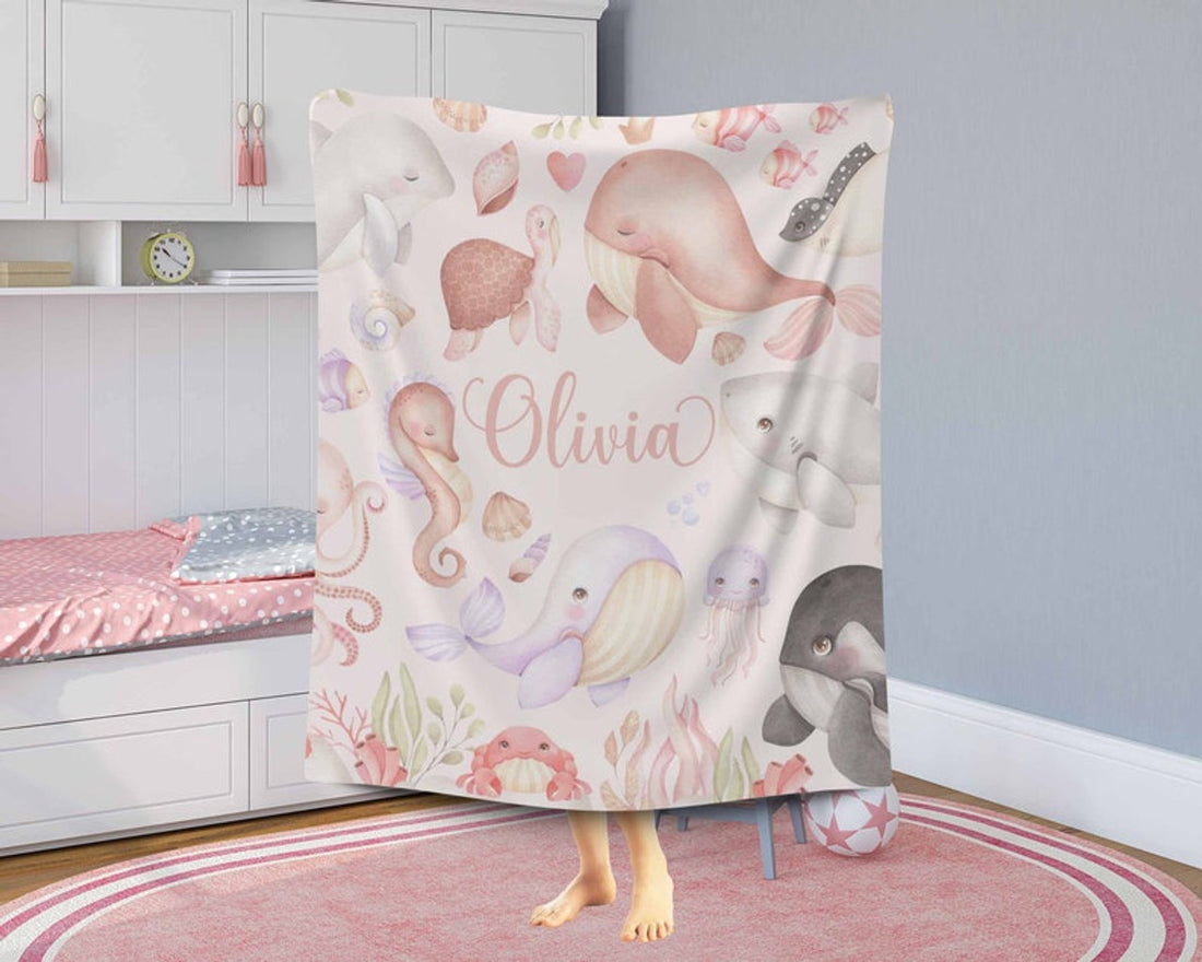FUNSTUFFPRINT Custom  Sea Animals Nursery Blanket Baby Blanket Ocean Animal Blanket Kids Custom Name Blanket Under The Sea Baby Shower Gift For Girls