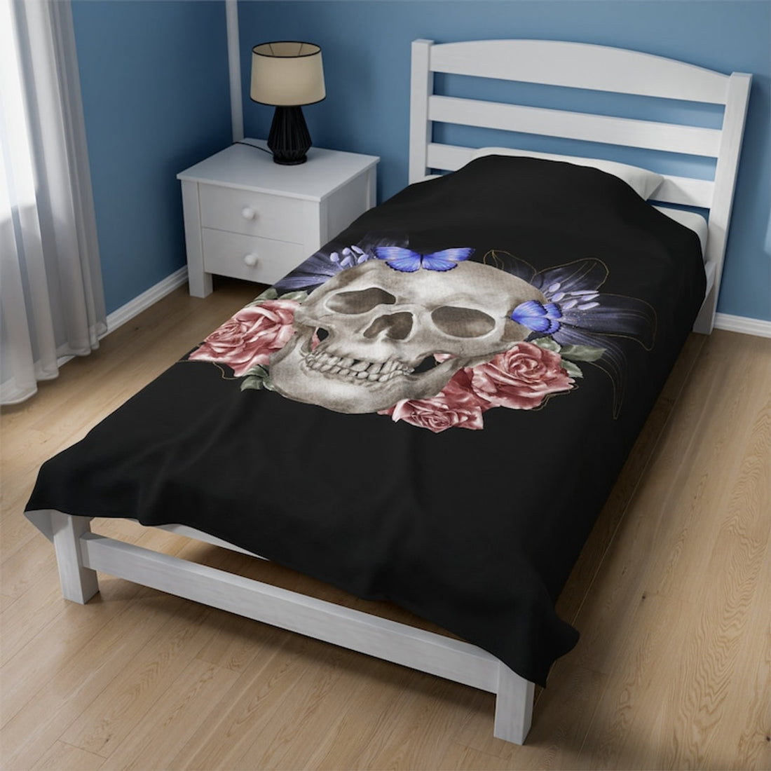 FUNSTUFFPRINT Skull Blanket Velveteen Plush Blanket, Soft Blanket, Gothic Home Decor, Floral Design | Shop Now!
