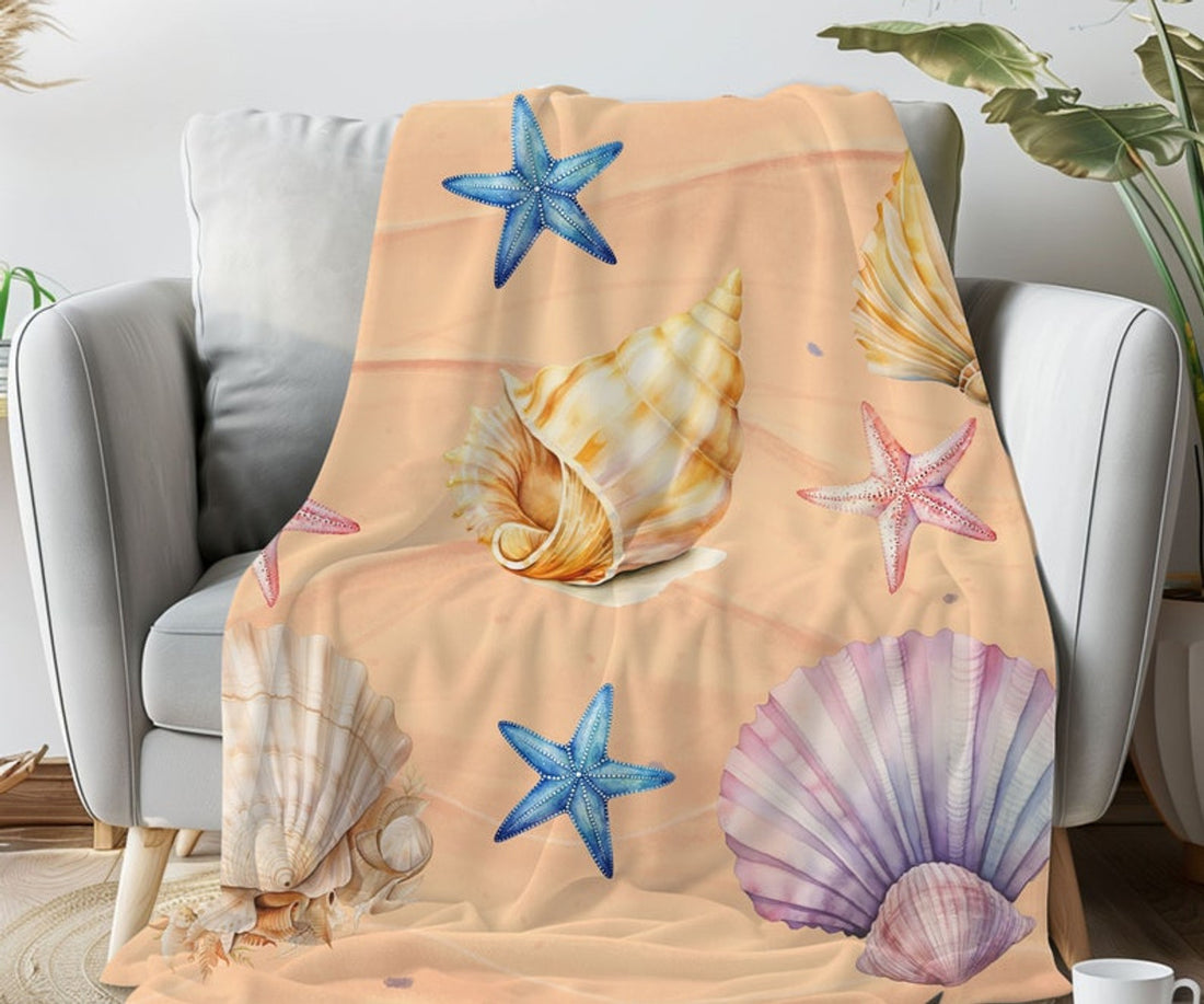 FUNSTUFFPRINT Soft Blanket Beach Gift, Seashell Sand Throw, Beach Christmas Gifts For Beach Lovers, Nautical Theme Throw, Coastal Décor, Beach House Décor