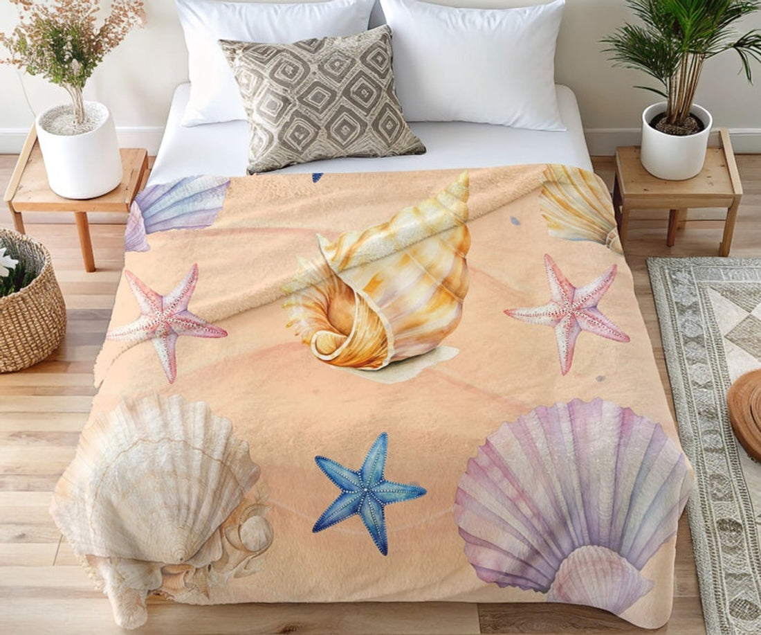 FUNSTUFFPRINT Soft Blanket Beach Gift, Seashell Sand Throw, Beach Christmas Gifts For Beach Lovers, Nautical Theme Throw, Coastal Décor, Beach House Décor