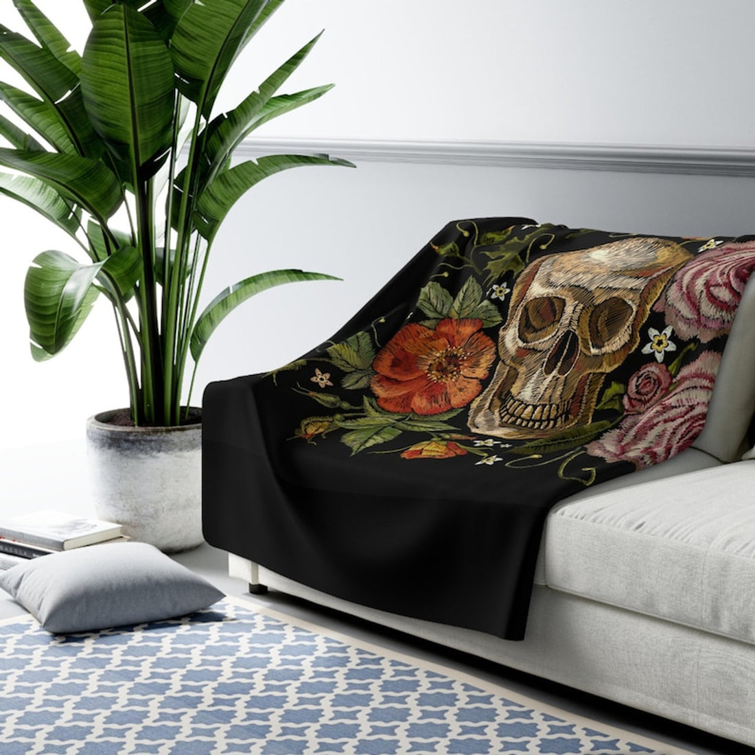 FUNSTUFFPRINT Floral Gothic Skull Blanket - Sherpa Blanket, Soft Black Fleece Sherpa Throw | Unique Goth Decor | Shop Now!