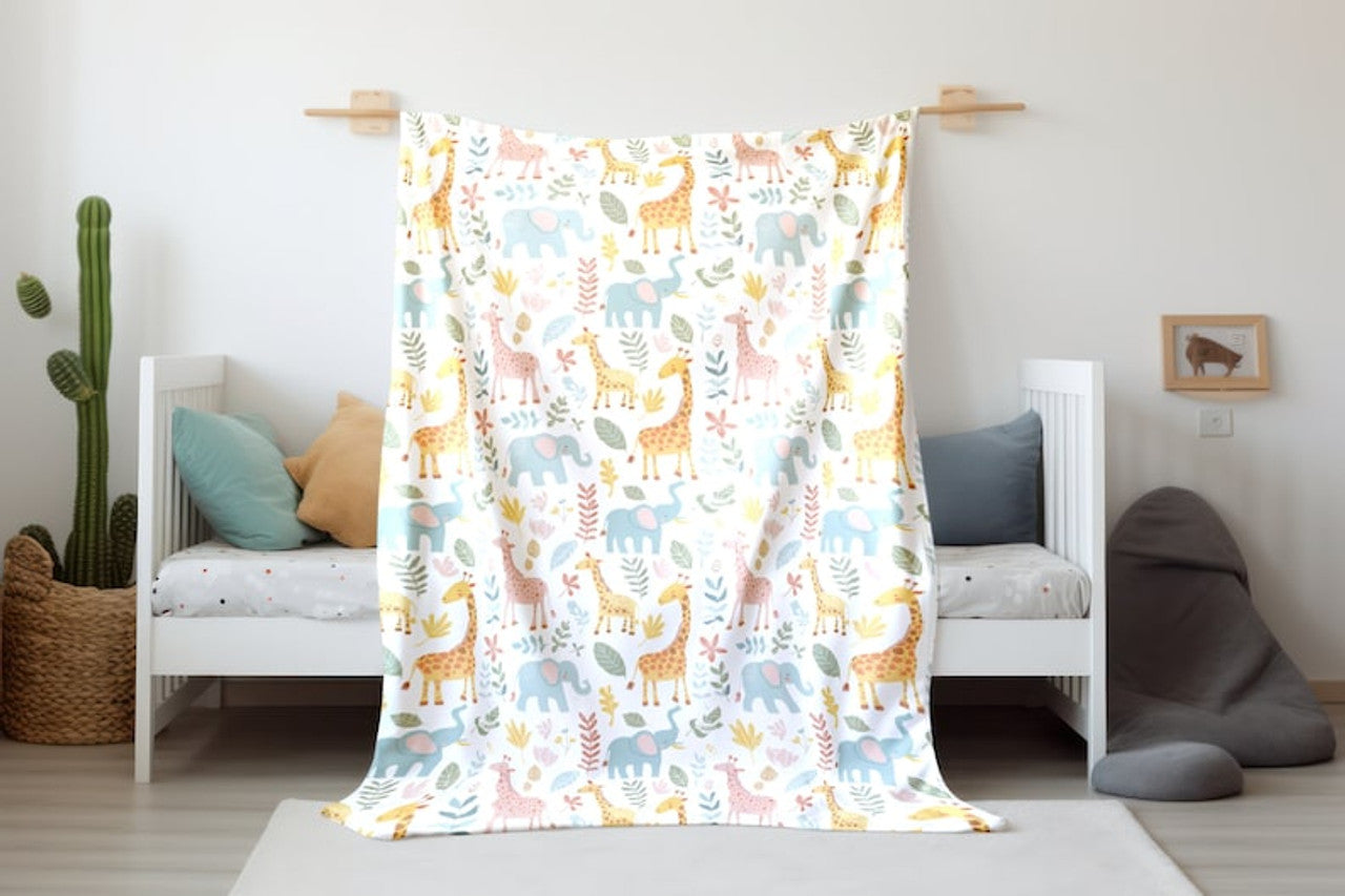 FUNSTUFFPRINT Colorful Animal Baby Blanket, Baby Keepsake, Baby Swaddle, Baby Girl Blanket, Newborn Gift, Sherpa Blanket, Giraffe Elephant Blanket