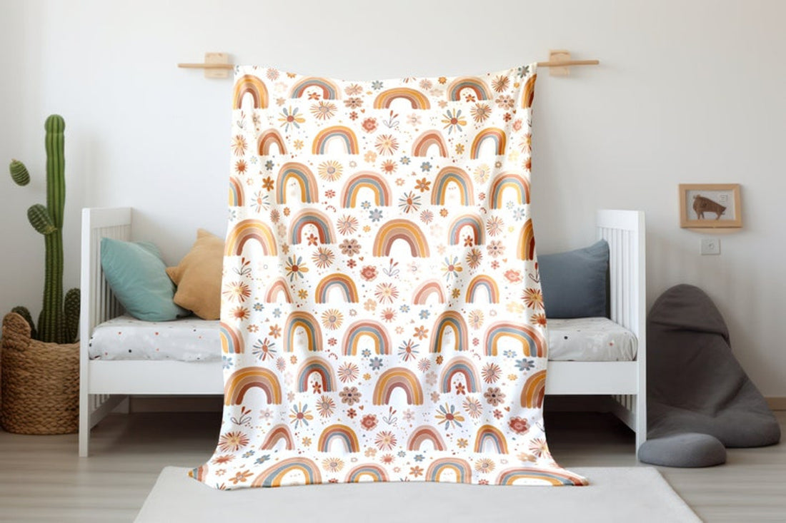 FUNSTUFFPRINT Rainbows and Flowers Blanket, Baby Shower Gift, Floral Blanket, Baby Girl Blanket, Velveteen Blanket Swaddle, Kids Blanket, Sherpa Blanket