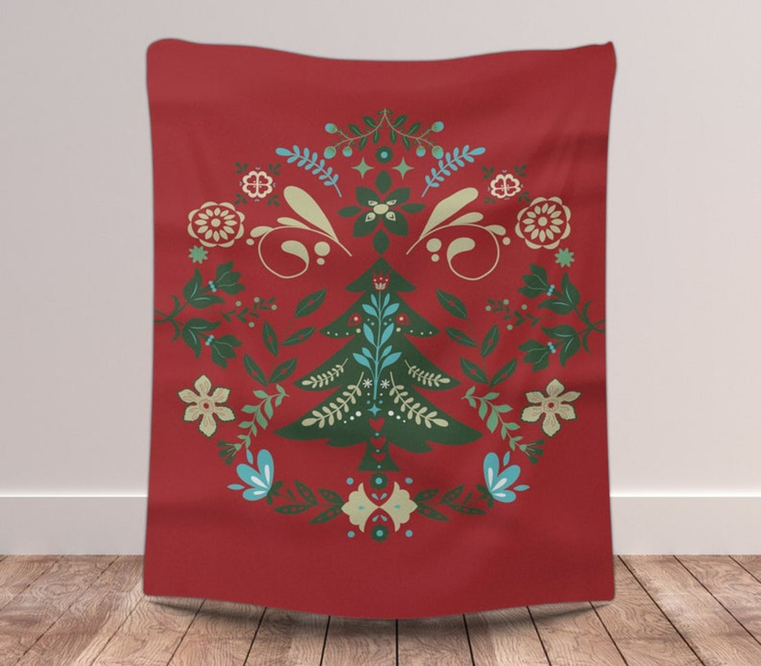 FUNSTUFFPRINT Christmas Blanket| Norwegian  Throw Blanket |Norwegian Christmas Tree Blanket| Swedish Folk Art Gift |Nordic Home Decor