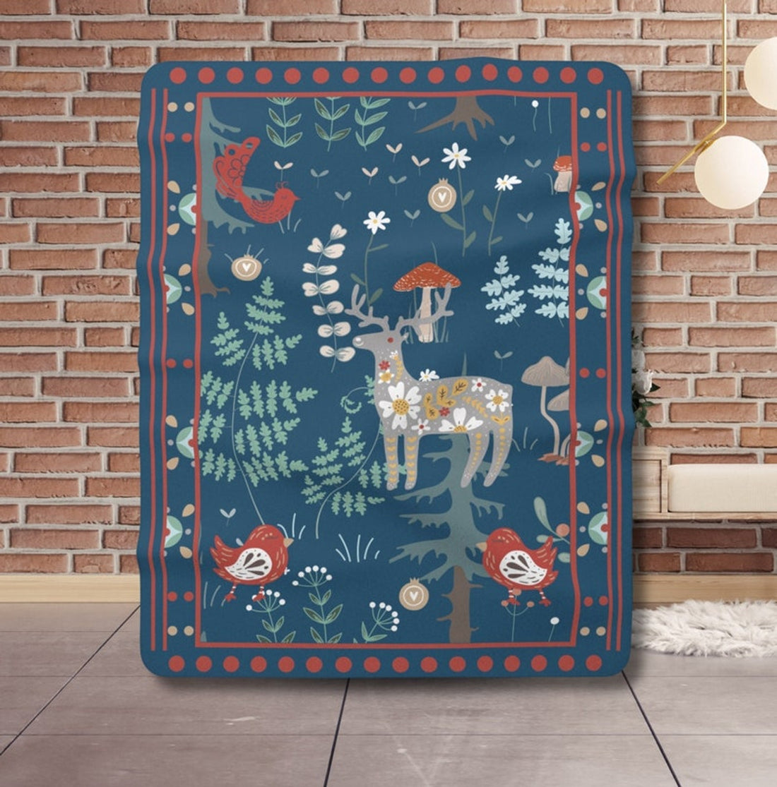 FUNSTUFFPRINT Folk Art Scandinavian Blanket| Woodland Animals| Swedish Norwegian Folk Art Throw Blanket |Norwegian Christmas Blanket| Nordic Home Decor