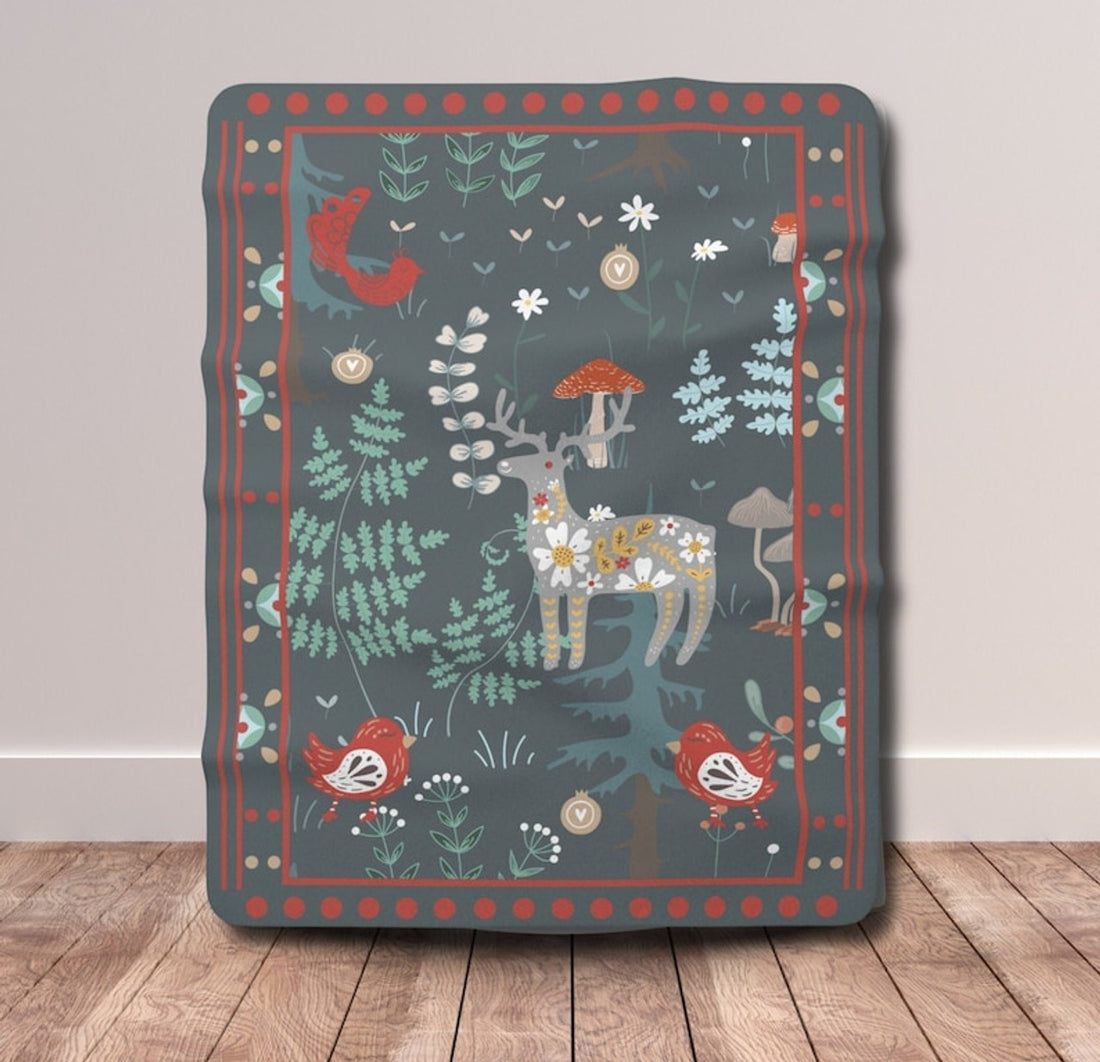 FUNSTUFFPRINT Scandinavian Folk Art Throw Blanket| Woodland Animals| Swedish Norwegian Folk Art Blanket |Norwegian Christmas Blanket| Nordic Home Decor