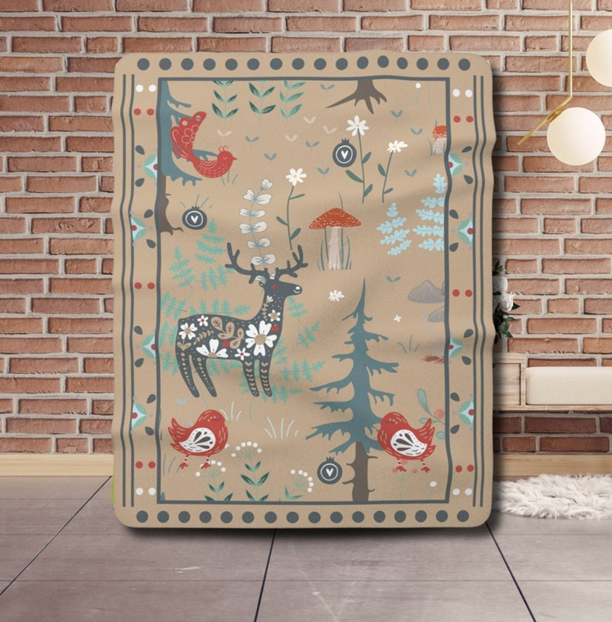 FUNSTUFFPRINT Folk Art Throw Blanket| Woodland Animals| Swedish Norwegian Folk Art Blanket |Norwegian Christmas Blanket| Nordic Home Decor