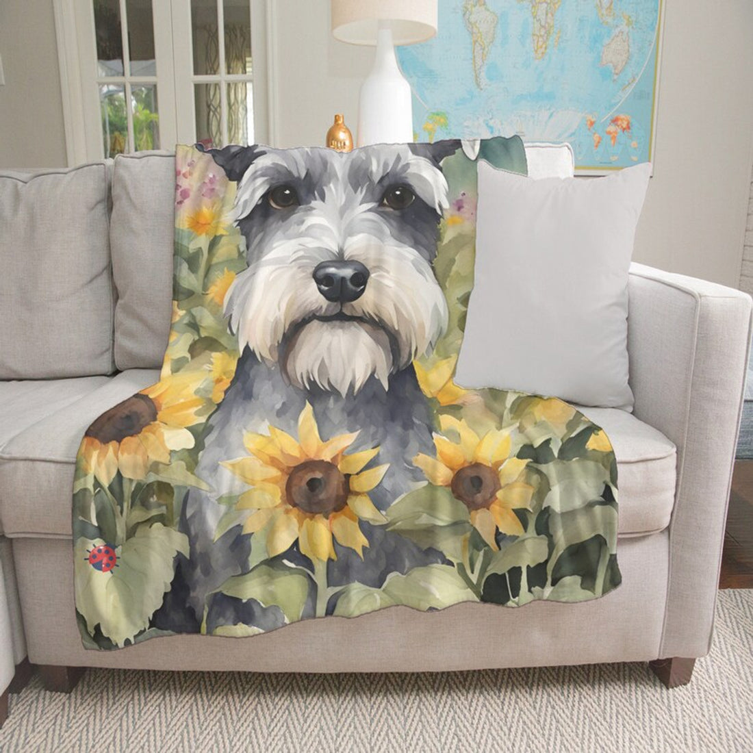 FUNSTUFFPRINT Schnauzer Minky Blanket, Miniature Schnauzer in Field of Sunflowers Blanket