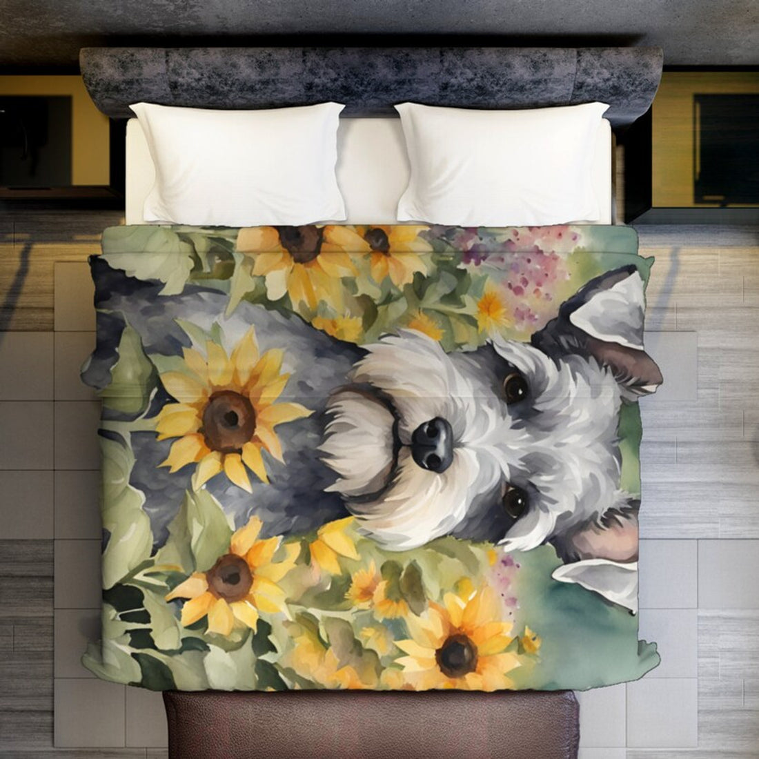 FUNSTUFFPRINT Schnauzer Minky Blanket, Miniature Schnauzer in Field of Sunflowers Blanket