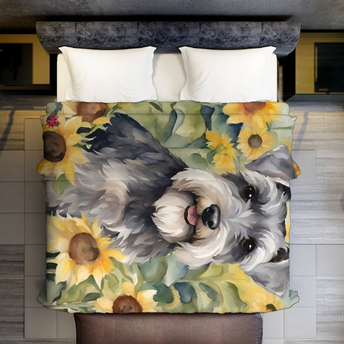 FUNSTUFFPRINT Schnauzer Minky Blanket, Sunflowers & Schnauzer Minky Blanket