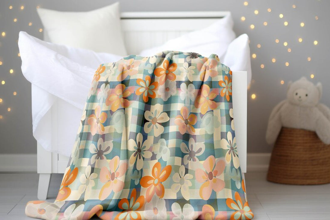 FUNSTUFFPRINT Groovy Checkered Flowered Checkered Baby Blanket Retro 70's Style Minky or Sherpa Floral Kids Blanket Cool Kids Childrens Kids Blankets