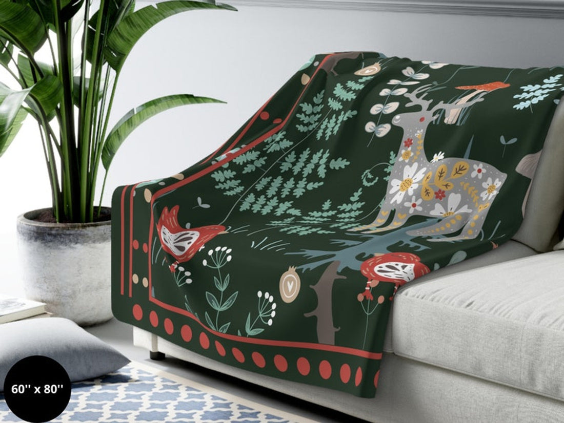 FUNSTUFFPRINT Folk Art Scandinavian Blanket| Woodland Animals| Swedish Norwegian Folk Art Blanket |Norwegian Christmas Blanket| Nordic Home Decor