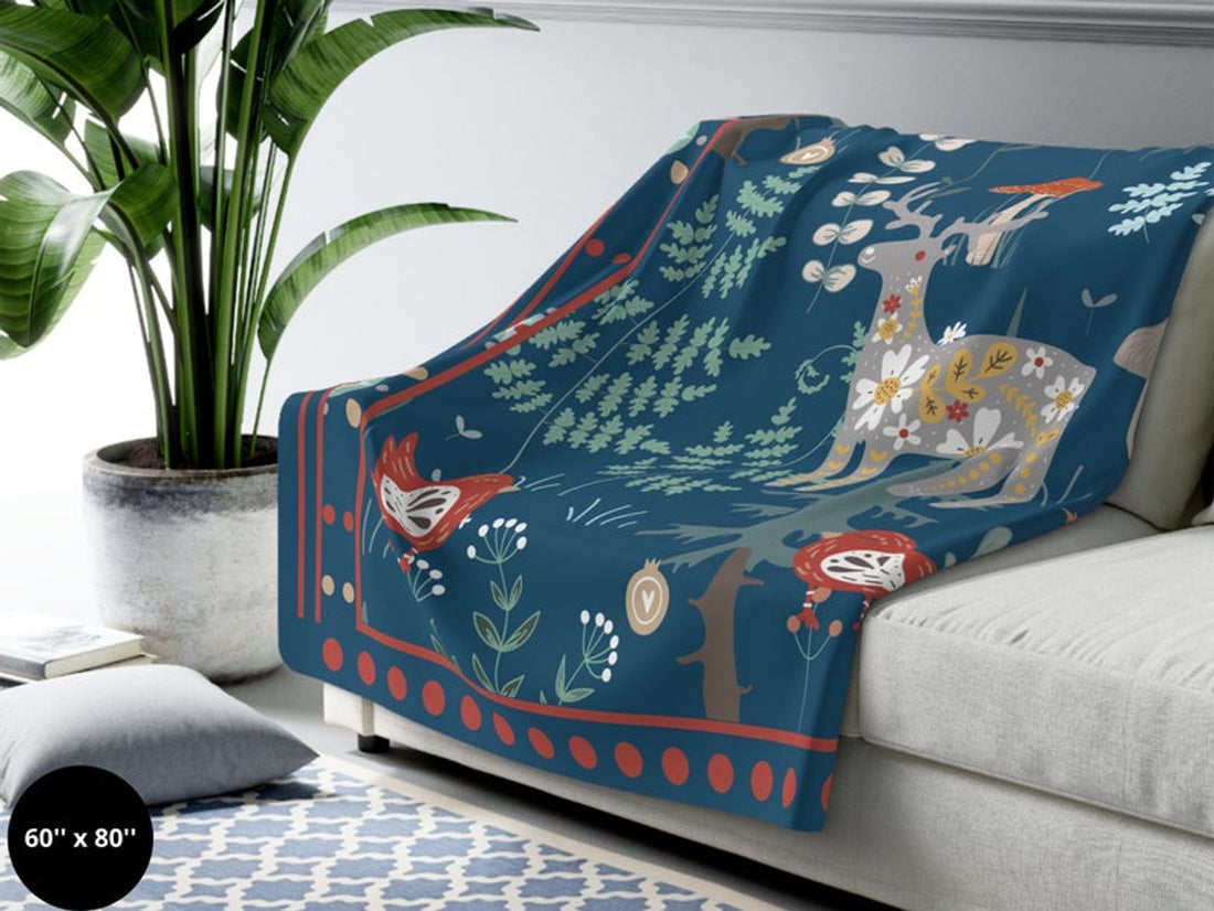 FUNSTUFFPRINT Folk Art Scandinavian Blanket| Woodland Animals| Swedish Norwegian Folk Art Throw Blanket |Norwegian Christmas Blanket| Nordic Home Decor