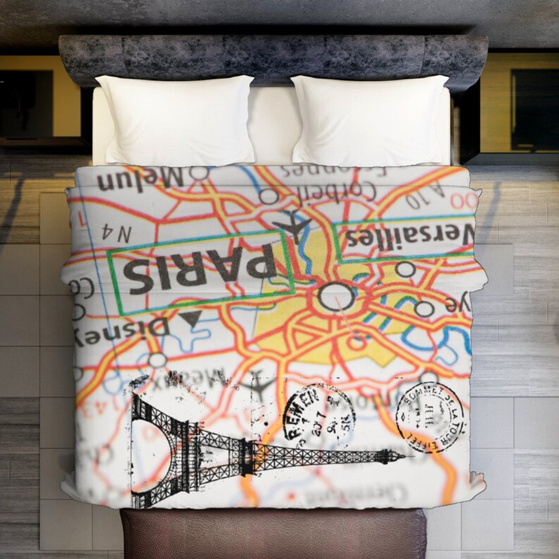 FUNSTUFFPRINT Paris, France Map and Eiffel Tower Minky Blanket, Item # 4122, Beautiful colored Paris Blanket, Paris Map Blanket