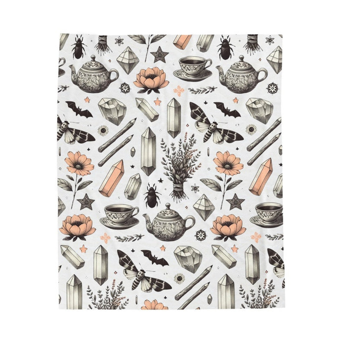 FUNSTUFFPRINT Halloween Velveteen Plush Blanket, Throw Blanket for Halloween Decor, Farmhouse Spooky Blanket, Witchy Gifts, Crystals and Flowers
