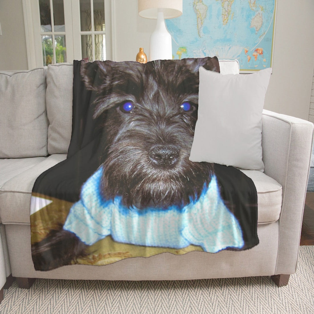 FUNSTUFFPRINT Chloe Minky Blanket, Beautiful Miniature Schnauzer Puppy in Blue Sweater, Blanket