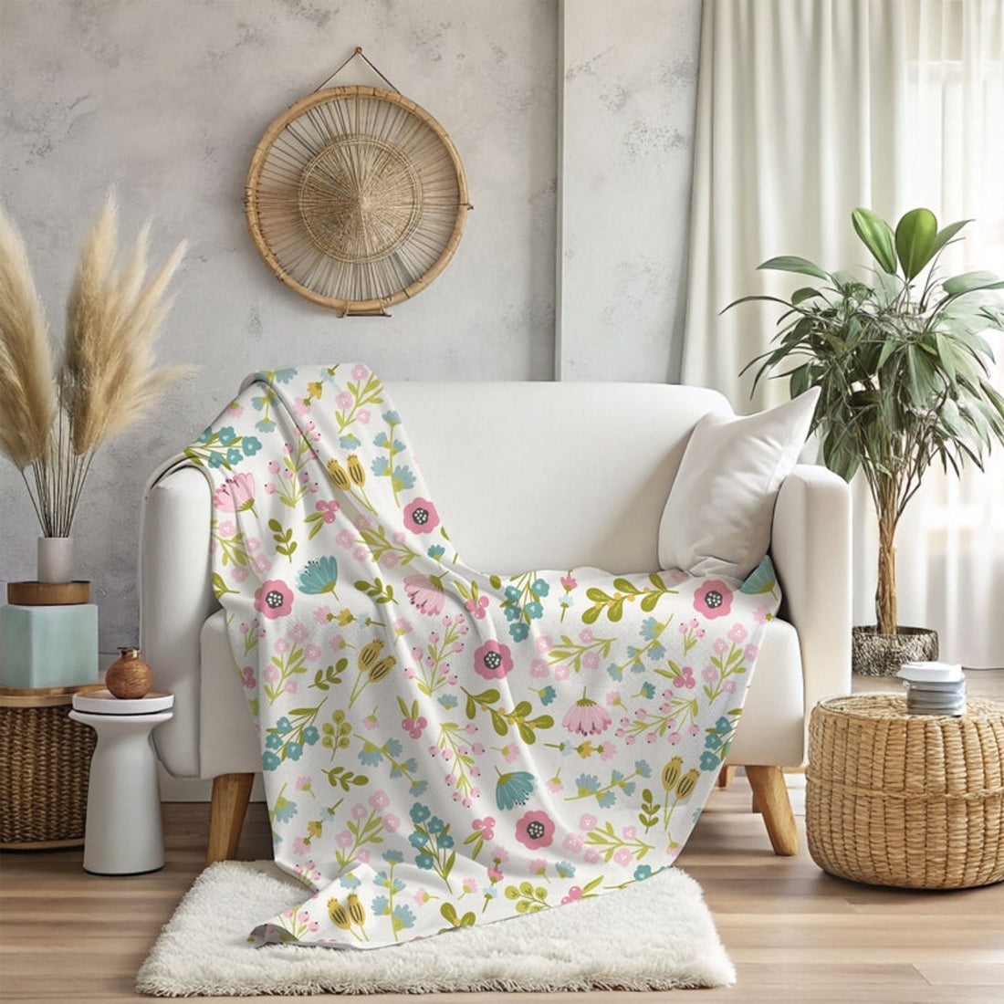 FUNSTUFFPRINT Pink And Blue Floral Throw Blanket For Bed, Cozy Christmas Gifts For Mom, Floral Home Decor For Living Room, Soft Throw Blanket, For King