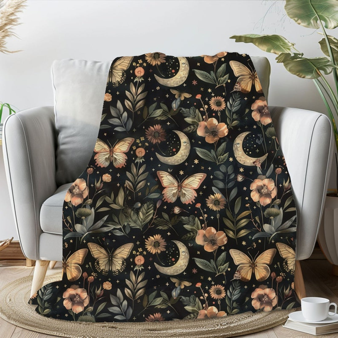 FUNSTUFFPRINT Dark Cottagecore Throw Blanket For Bed, Whimsigoth Decor, Night Garden Dorm Bedding, Cozy Christmas Gift For Women, Witchy Gifts For Best