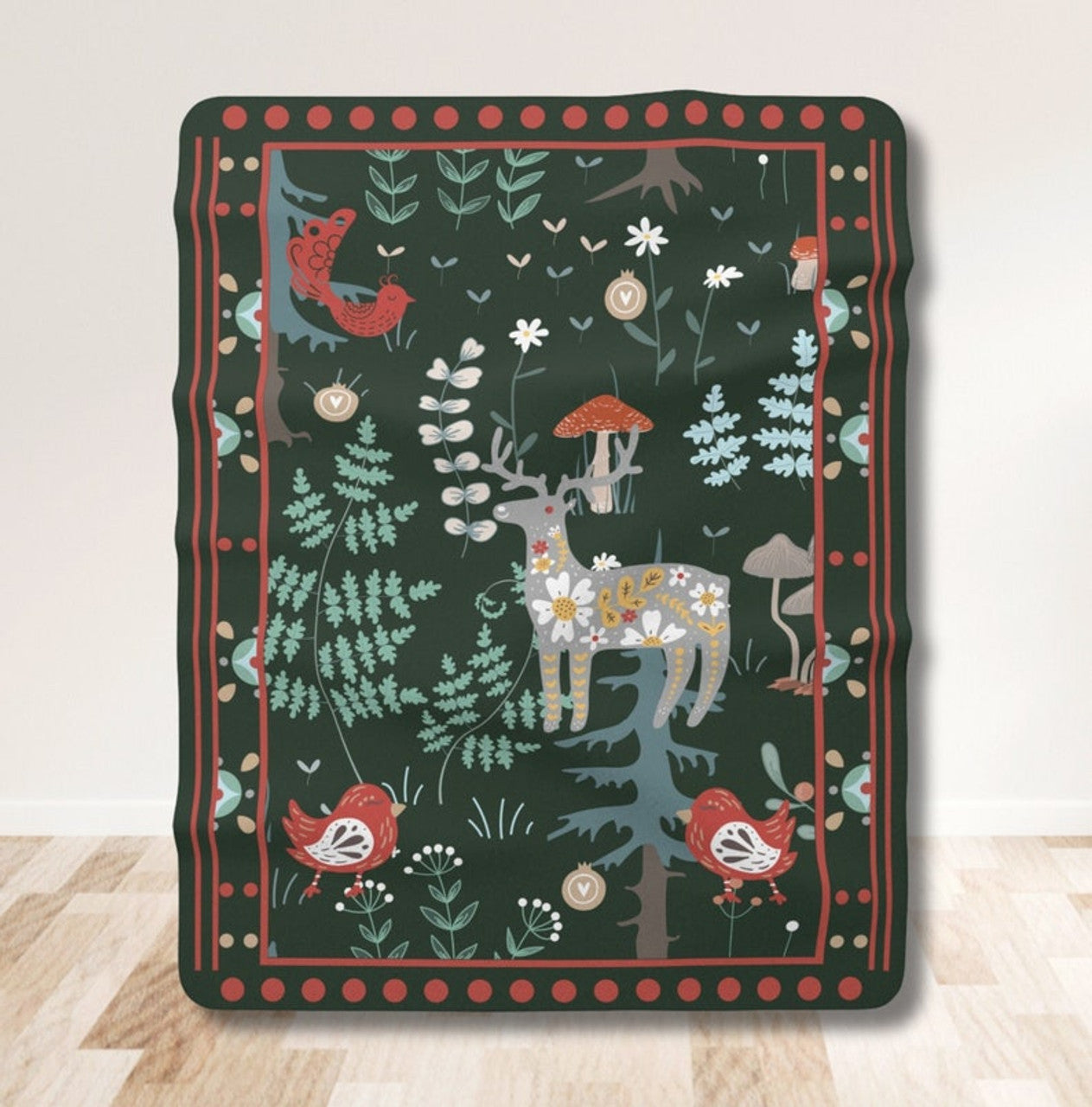 FUNSTUFFPRINT Folk Art Scandinavian Blanket| Woodland Animals| Swedish Norwegian Folk Art Blanket |Norwegian Christmas Blanket| Nordic Home Decor