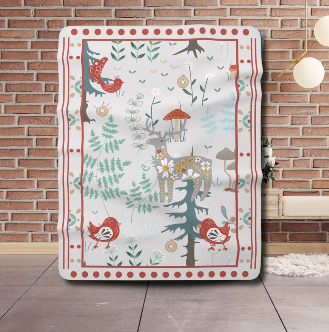 FUNSTUFFPRINT Scandinavian Christmas Blanket| Swedish Norwegian Folk Art Throw Blanket| Woodland Animals Blanket| Norwegian Christmas| Nordic Home Decor
