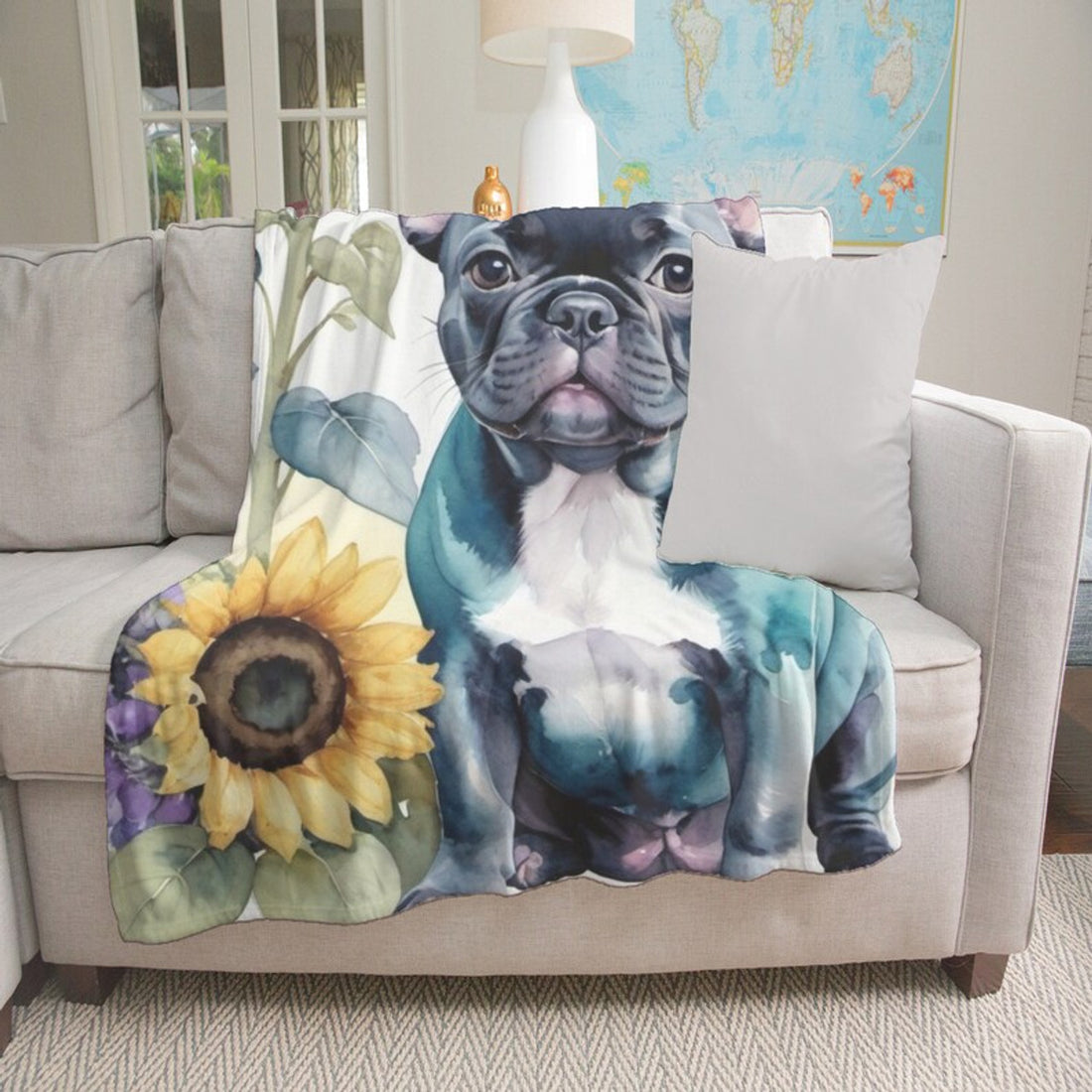 FUNSTUFFPRINT Blanket, French Bulldog Minky Blanket, Sunflowers and Bulldog Blanket