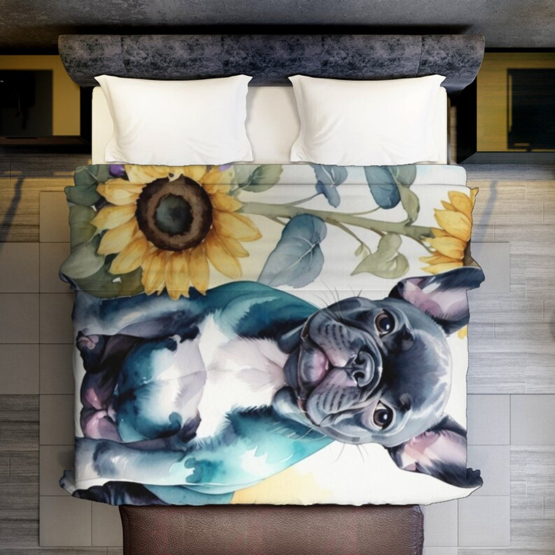 FUNSTUFFPRINT Blanket, French Bulldog Minky Blanket, Sunflowers and Bulldog Blanket