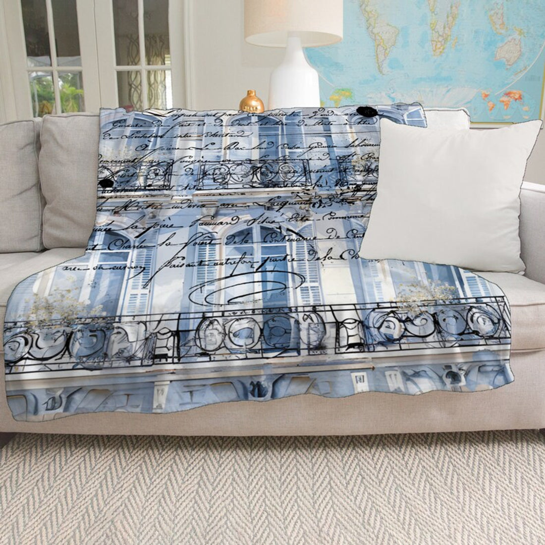 FUNSTUFFPRINT Blue Paris Minky Blanket, Parisian Architecture with Stamped Letter, Minky Blanket