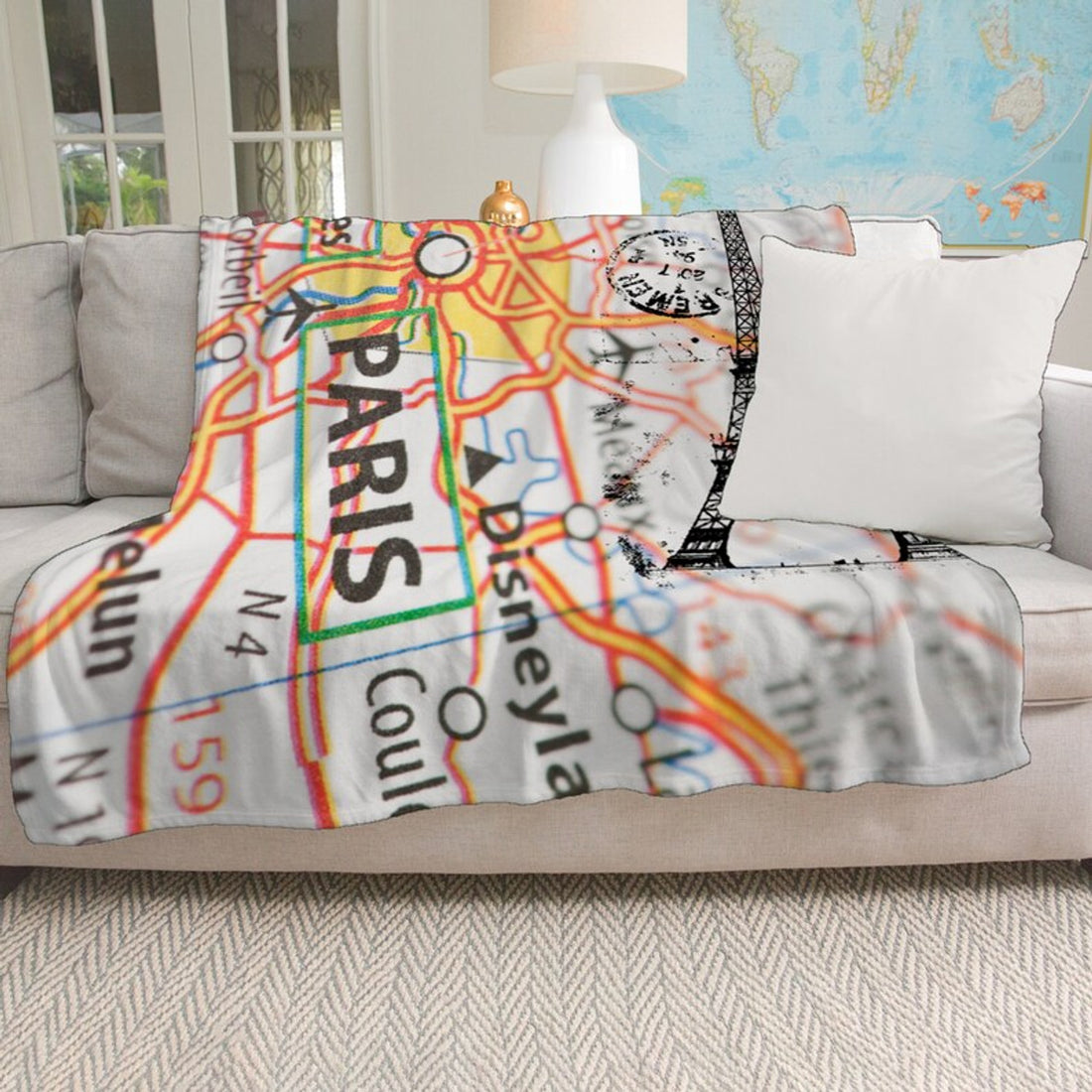FUNSTUFFPRINT Paris, France Map and Eiffel Tower Minky Blanket, Item # 4122, Beautiful colored Paris Blanket, Paris Map Blanket