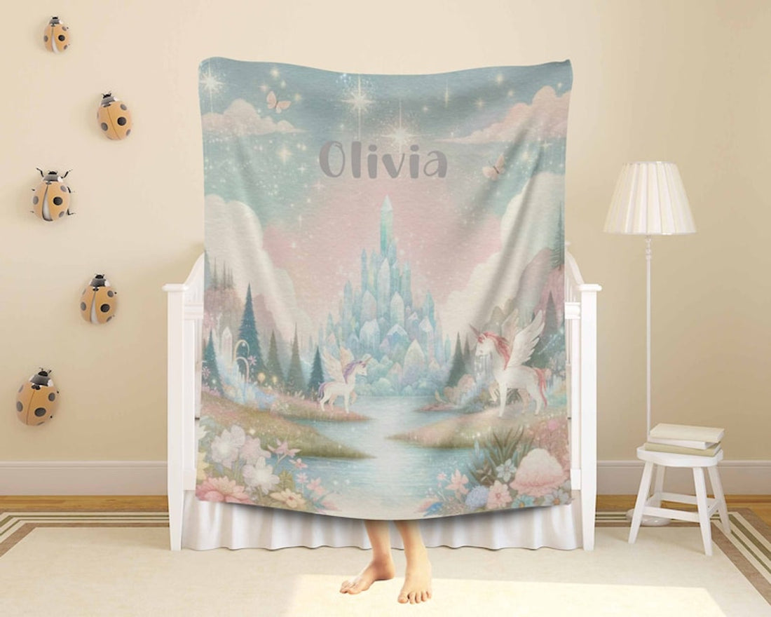 FUNSTUFFPRINT Custom   Baby Unicorn Blanket Personalized Castle Crystal Nursery Blanket Mystical Wonderland Kids Custom Name Blanket Baby Shower Gift For Girls
