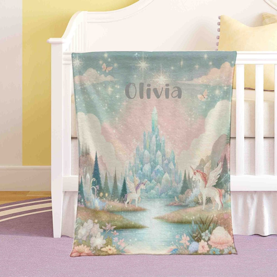 FUNSTUFFPRINT Custom   Baby Unicorn Blanket Personalized Castle Crystal Nursery Blanket Mystical Wonderland Kids Custom Name Blanket Baby Shower Gift For Girls