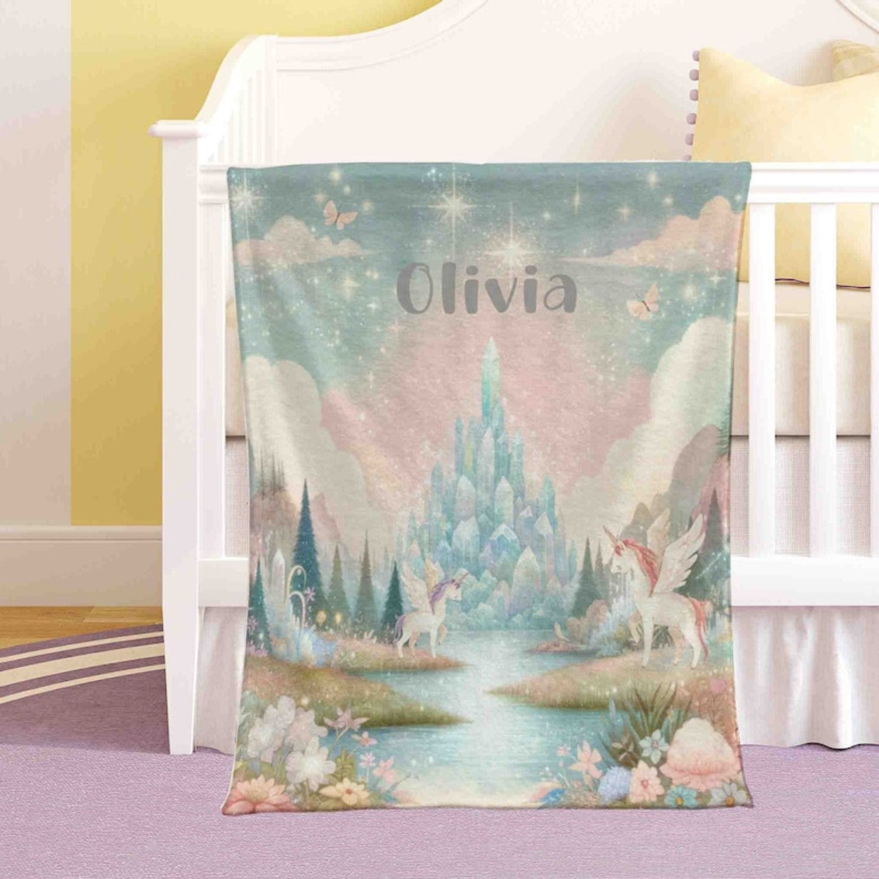 FUNSTUFFPRINT Custom   Baby Unicorn Blanket Personalized Castle Crystal Nursery Blanket Mystical Wonderland Kids Custom Name Blanket Baby Shower Gift For Girls