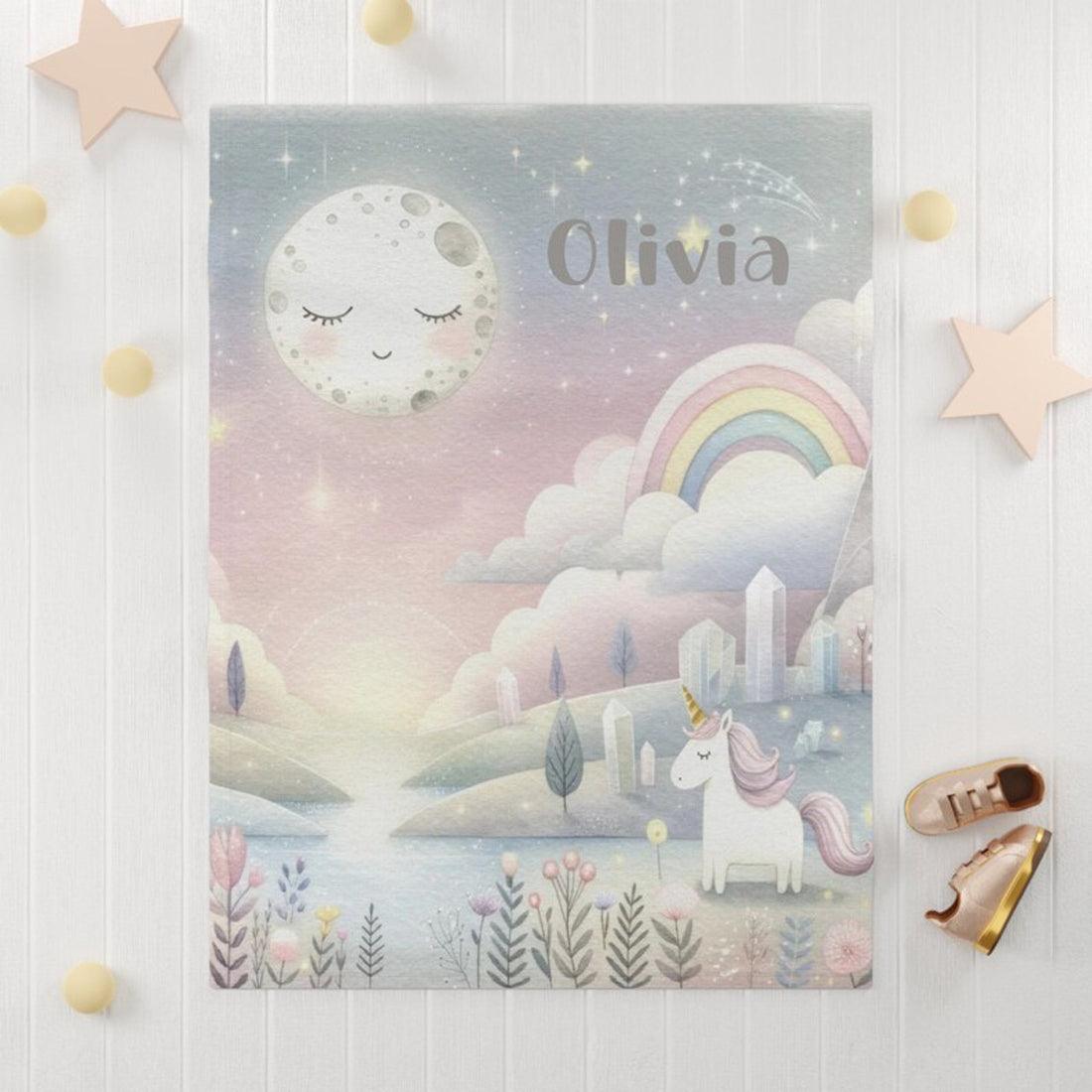 FUNSTUFFPRINT Custom  Baby Unicorn Blanket Personalized Rainbow Moon Nursery Blanket Little Unicorn Kids Custom Name Blanket Baby Shower Gift For Girls