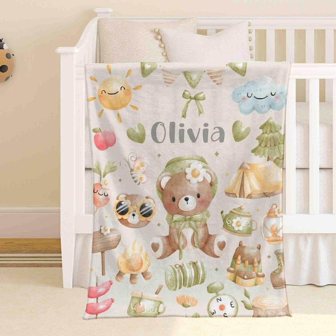 FUNSTUFFPRINT Custom  Happy Camper Nursery Blanket Personalized Baby Camping Blanket Hiking Baby Blanket Kids Custom Name Blanket Woodland Baby Shower Gift