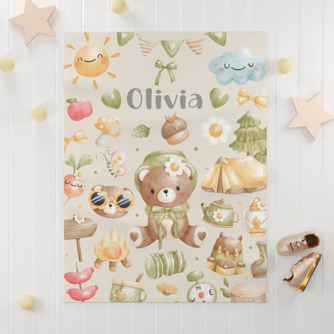 FUNSTUFFPRINT Custom  Happy Camper Nursery Blanket Personalized Baby Camping Blanket Hiking Baby Blanket Kids Custom Name Blanket Woodland Baby Shower Gift