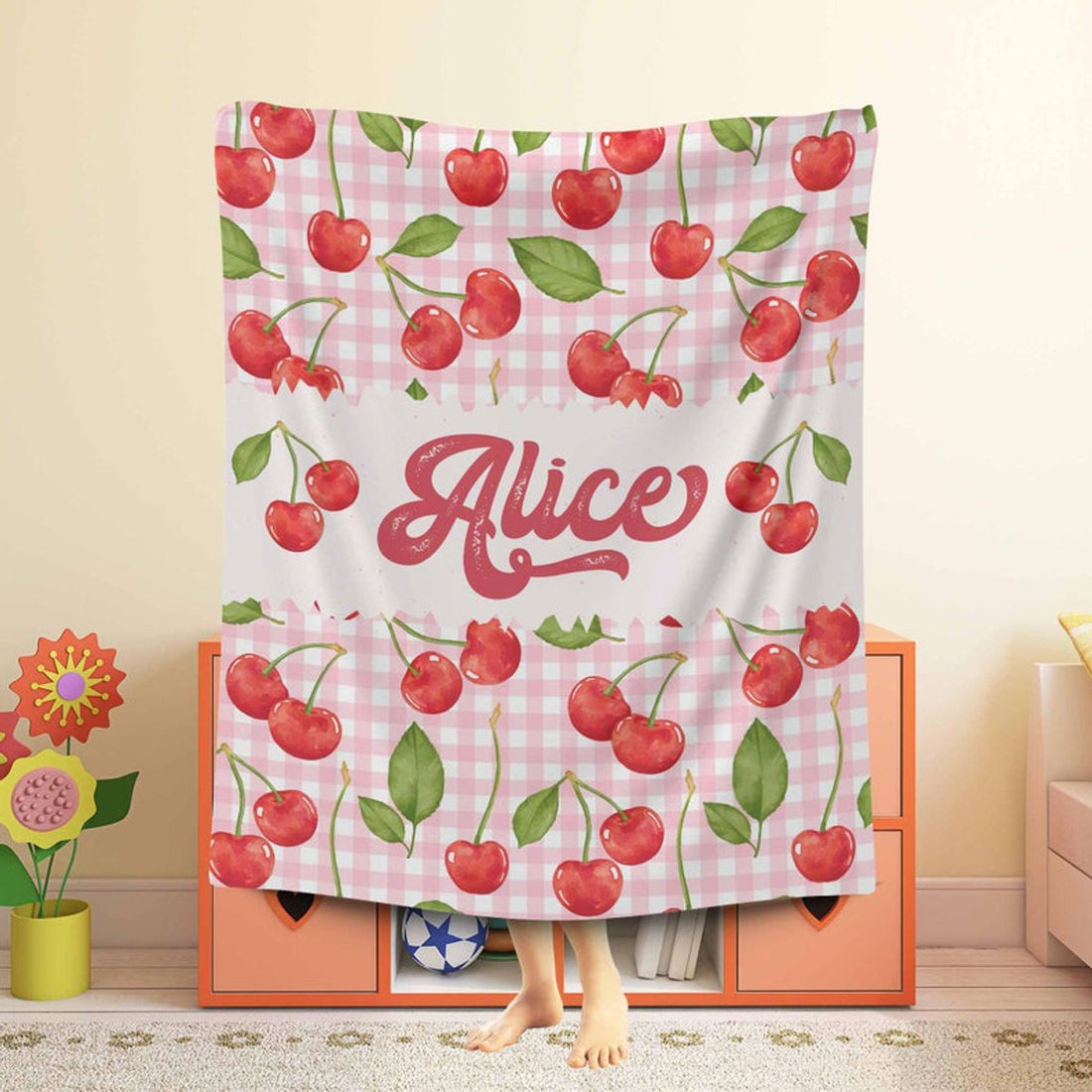 FUNSTUFFPRINT Custom  Cherry Nursery Blanket Coquette Custom Baby Name Blanket Kids Custom Name Blanket Baby Girl Gift For Daughter Fruit Lover Gift