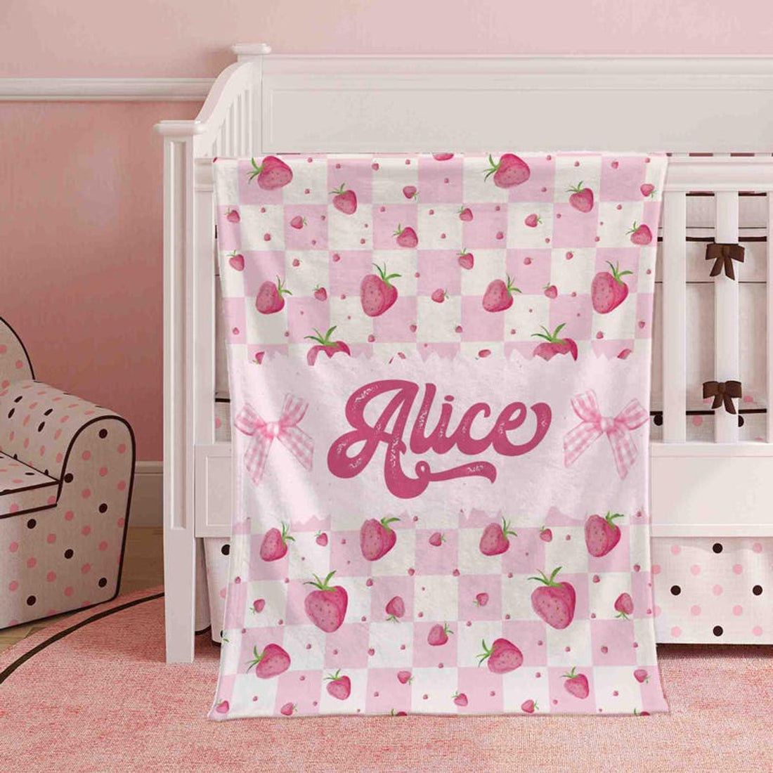 FUNSTUFFPRINT Custom  Coquette Strawberry Nursery Blanket Pink Bow Custom Baby Name Blanket Kids Custom Name Blanket Baby Girl Gift For Daughter Fruit Lover Gift