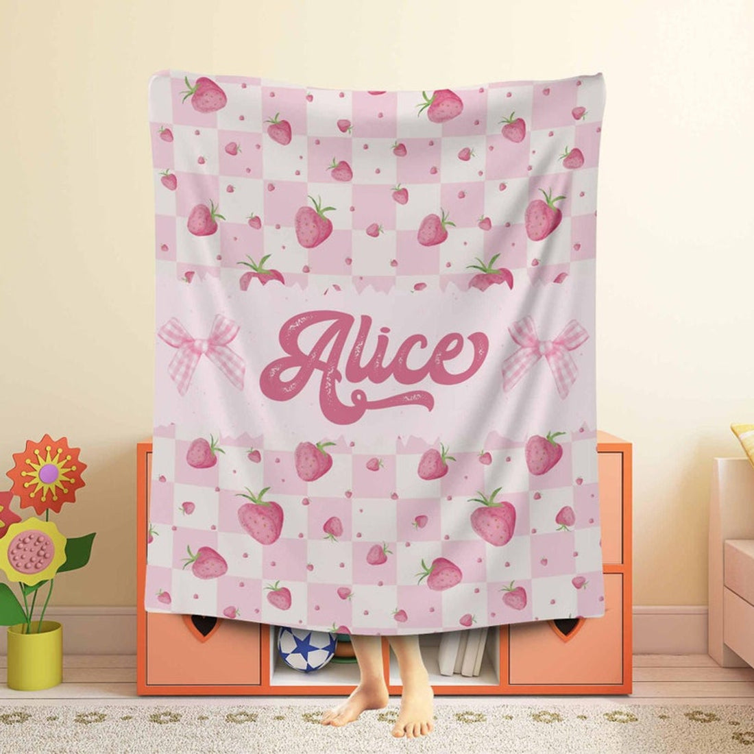 FUNSTUFFPRINT Custom  Coquette Strawberry Nursery Blanket Pink Bow Custom Baby Name Blanket Kids Custom Name Blanket Baby Girl Gift For Daughter Fruit Lover Gift