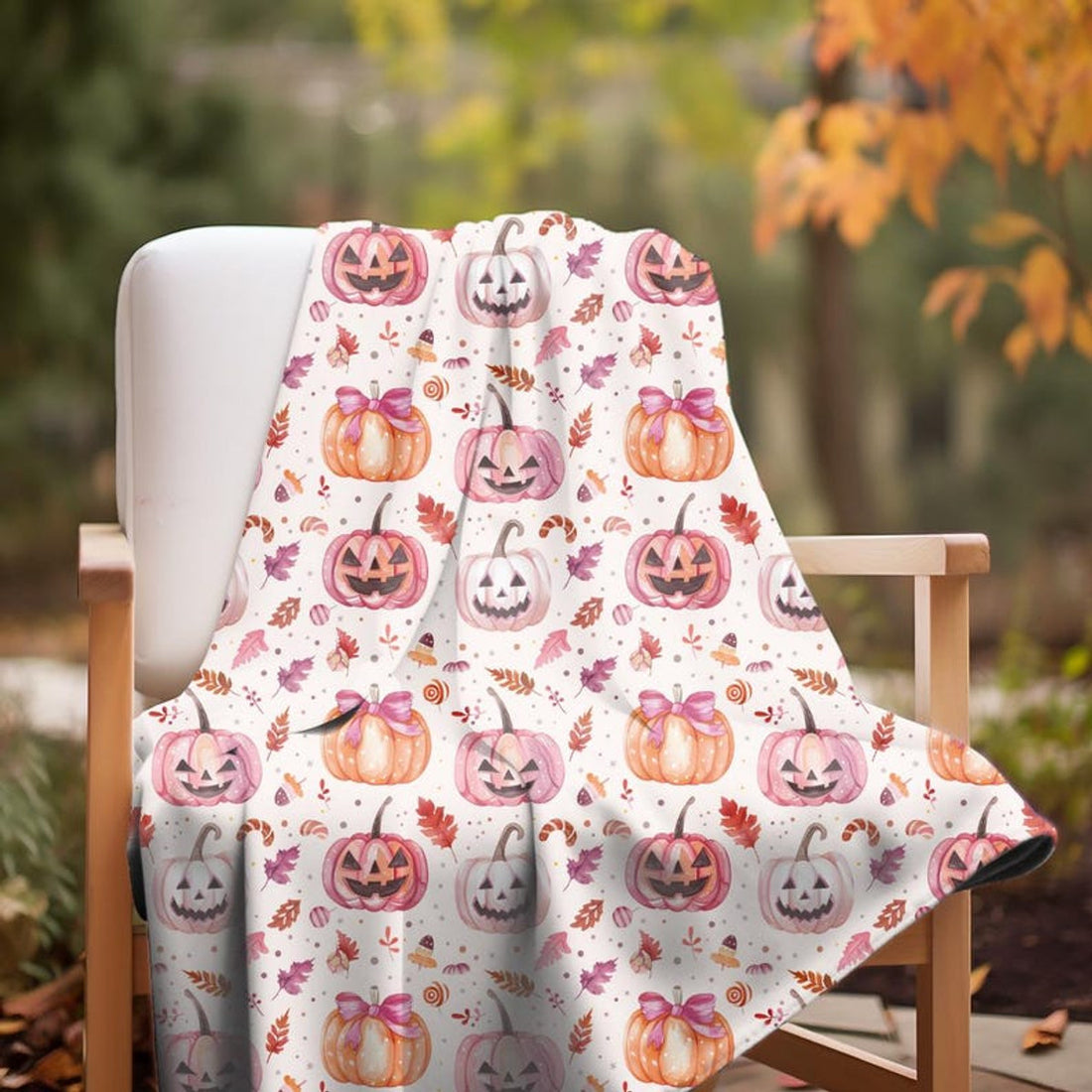 FUNSTUFFPRINT Cute Halloween Plush Throw Blanket | Spooky Season Velveteen Blanket | Cottagecore Watercolor Pumpkin Halloween Decor | Fall Dorm Room Decor