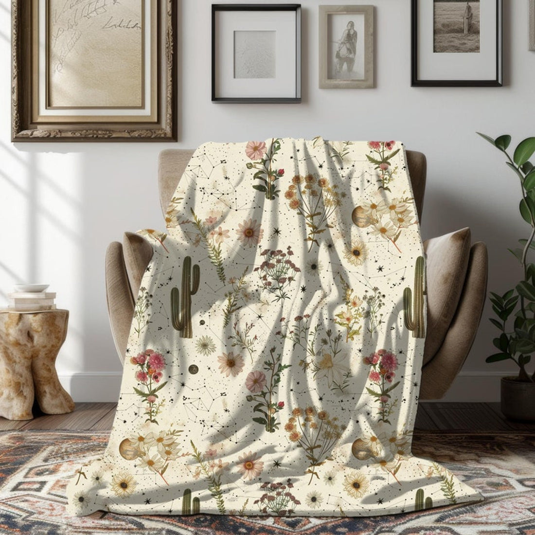 FUNSTUFFPRINT Vintage Boho Desert Celestial Velveteen Blanket, Bohemian Throw for Couch, Sister Gifts, Christmas Gifts, Stocking Stuffers, Secret Santa