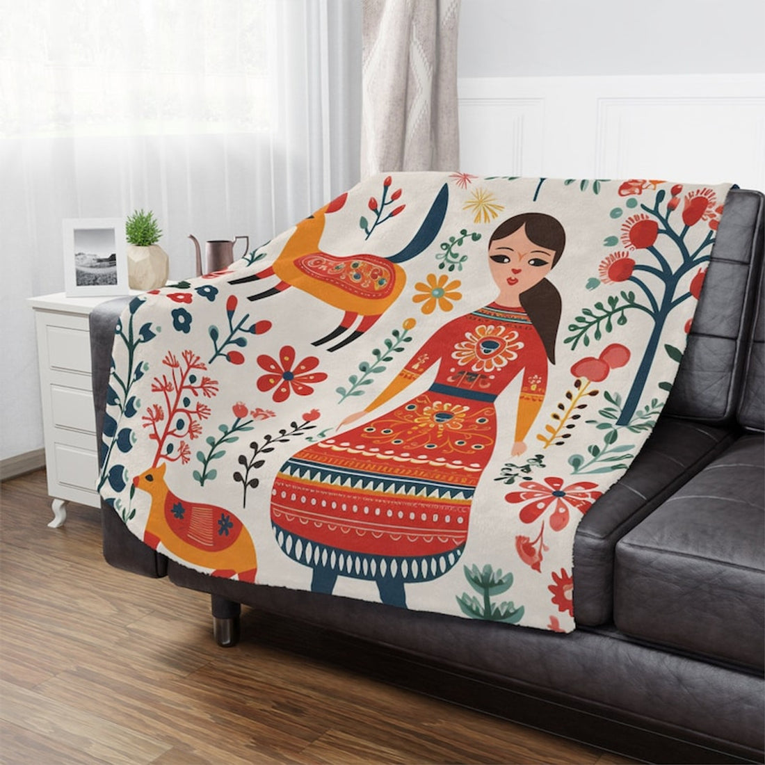FUNSTUFFPRINT Scandinavian Winter Minky Blanket, Bold Nordic Folk Art Print on a Soft Fleece Blanket, Winter Gifts, Soft Throw, Vibrant Colors, Bold Print