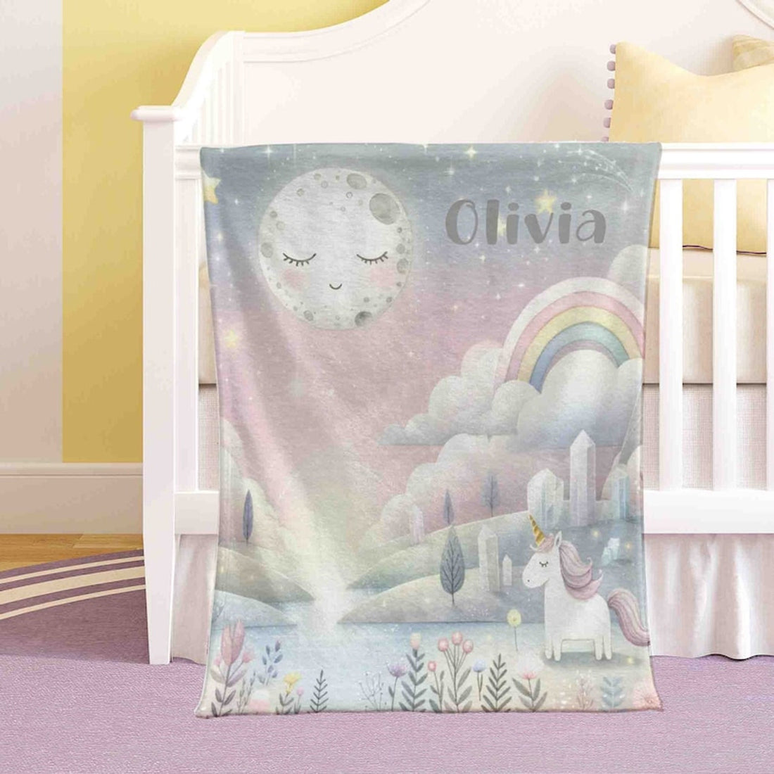 FUNSTUFFPRINT Custom  Baby Unicorn Blanket Personalized Rainbow Moon Nursery Blanket Little Unicorn Kids Custom Name Blanket Baby Shower Gift For Girls